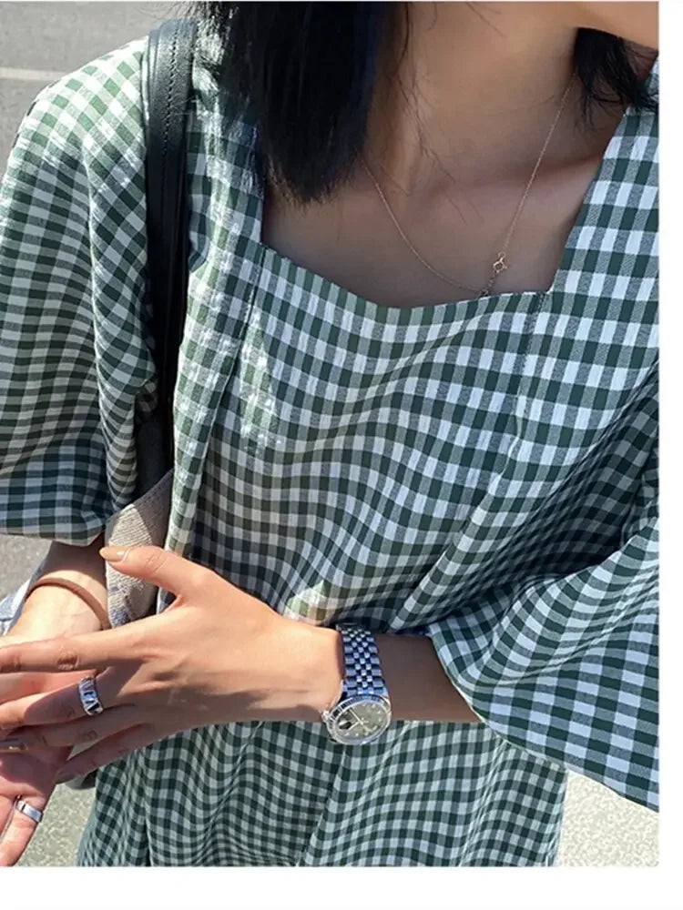 Fashion Square Neck Plaid Puff Sleeve Loose Casual Dress Summer Women Korean Ladies Chic 2023 New Dresses Elegant Woman Dress