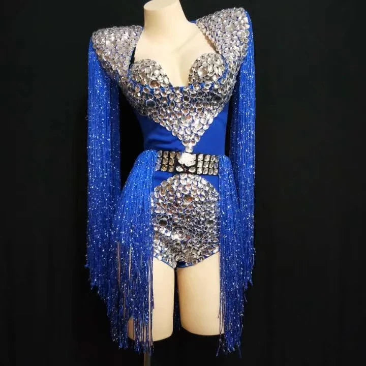 The Stardust Cascade Fringe Bodysuit – Luxury Rhinestone Long-Sleeve Showgirl Costume