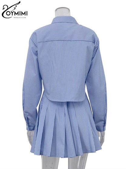 Oymimi Elegant Blue Striped Print Sets For Women 2 Pieces Fashion Long Sleeve Button Crop Tops And High Waist Pleated Skirts Set