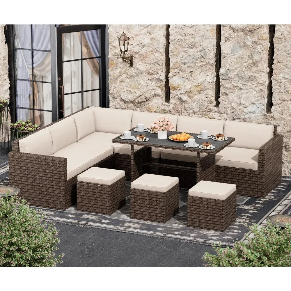 Outdoor Rattan Furniture Sectional Sofa, Cushions and Table