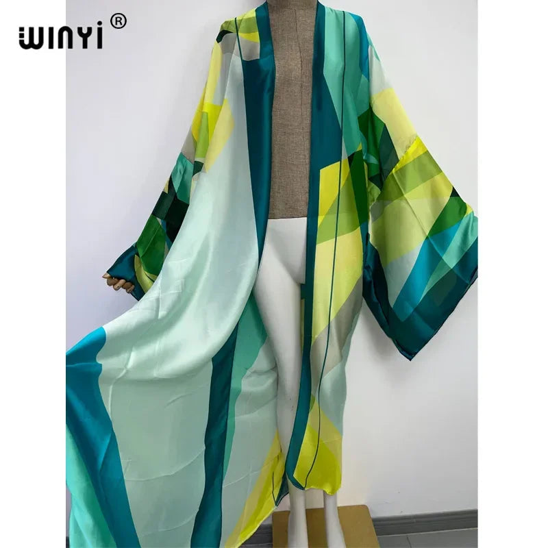 2022 WINYI Summer Beach Wear Swim Suit Cover up boho fashion printing elegant sexy Holiday party long Sleeve Cardigan dress Luxlife Brands
