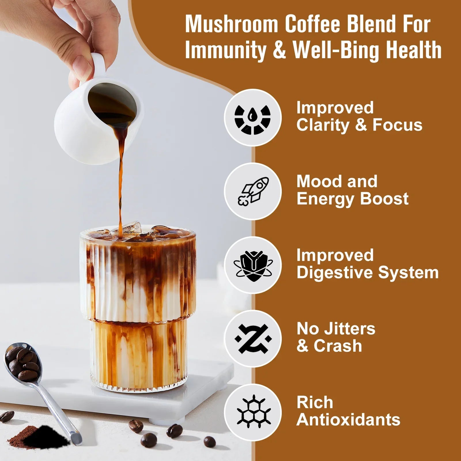 BWEORTHS 250G Mushroom Coffee Mixed Reishi & Lion's Mane Mushrooms Support Immunity and Focus Health Boost Memory NO-GMO 10 in 1