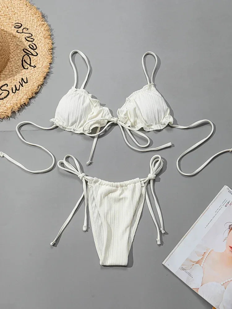 New 2024 Sexy Swimsuit Pit stripe Bikini Women Swimwear  Bathing Suits Push Up Biquinis Bandage Beachwear Solid Bikini Sets