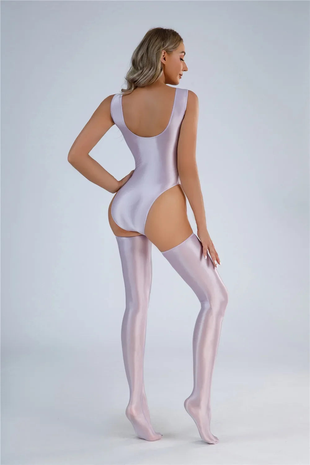 Women Candy Color Oil Glossy Elastic Bodysuit Bodycon Rompers One-piece Swimsuit Silky Tights Satin Backless Shaper Sexy Leotard