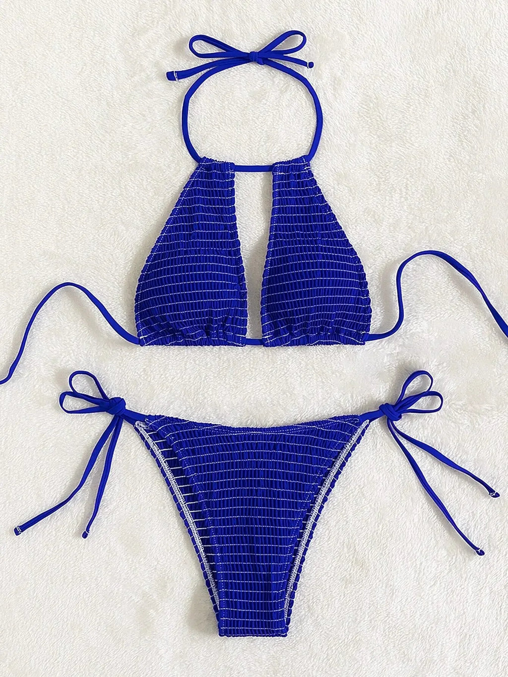 Smocked Halter Tie Side Bikini Swimsuit Women Two Piece Swimwear 2023 Bikini Set Summer Beach Bathing Suit Biquini
