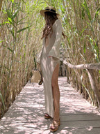 Solid Colour Beach Maxi Dress 2025 Women Summer Sexy Knit Flared Long Sleeve Slit Cut Out Swimsuit Cover Up Holiday Outfits K120 Luxlife Brands