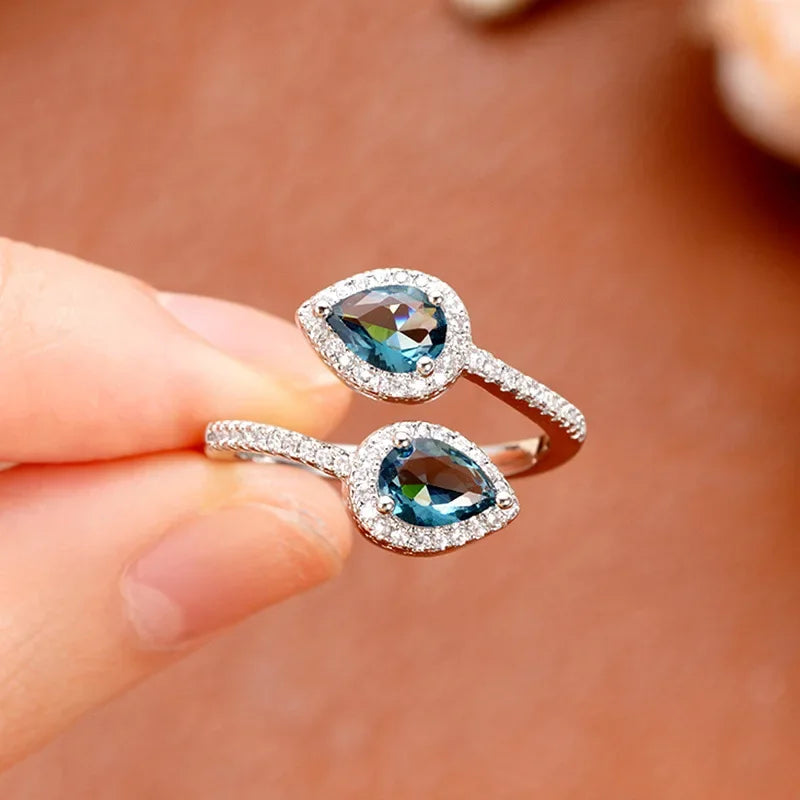 Ocean Eyes 925 Sterling Silver Blue Zircon Adjustable Ring LUXLIFE BRANDS
