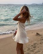 2025 Women Comfy Swimsuit Cover Up Seaside Holiday Club Dresses Sexy Crochet Halter V Neck Chic Ruffle Knit Beach Mini Dress K58 Luxlife Brands