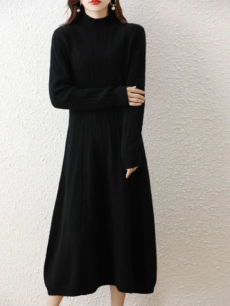Elegant Fashion Dresses Cashmere Sweater Knitted Long Dress 100% Merino Wool Women Turtleneck Office Skirt Autumn Winter Clothes LUXLIFE BRANDS