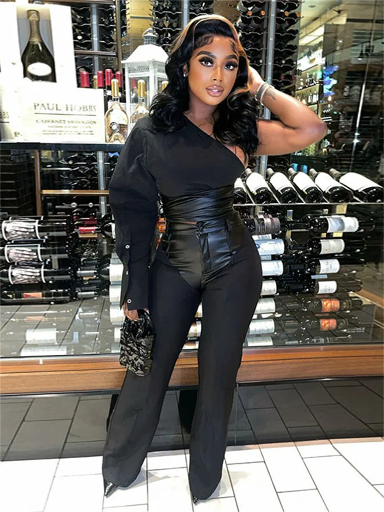 Wmstar Two Piece Set Women Single Long Sleeve Outfit Sexy Bodycon PU Patchwork Top Pants Set Matching Wholesale Dropshpping 2024