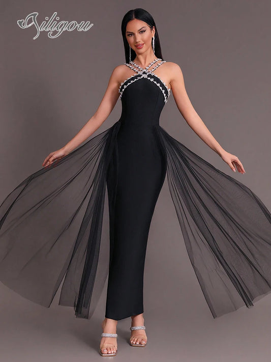 Ailigou 2024 New Summer Women's Luxury Diamond Design Details Sleeveless Tight Long Bandage Dress Elegant Celebrity Party Dress