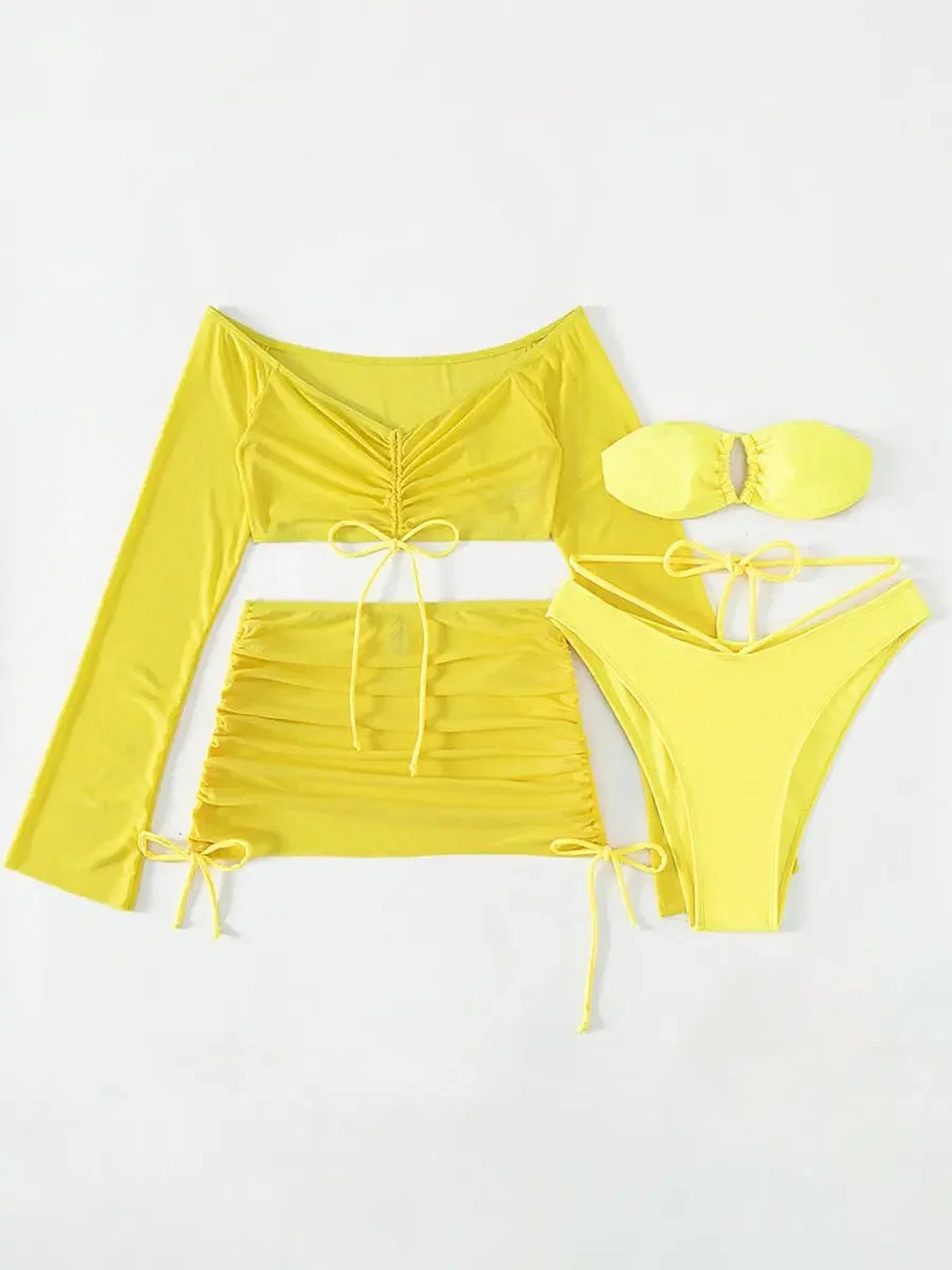 4 Pieces Lace Up Halter Triangle Bikini Swimsuit & Cover Up Top With Skirt Sexy Swimwear Women 2023 Bathing Swimming Suit Female