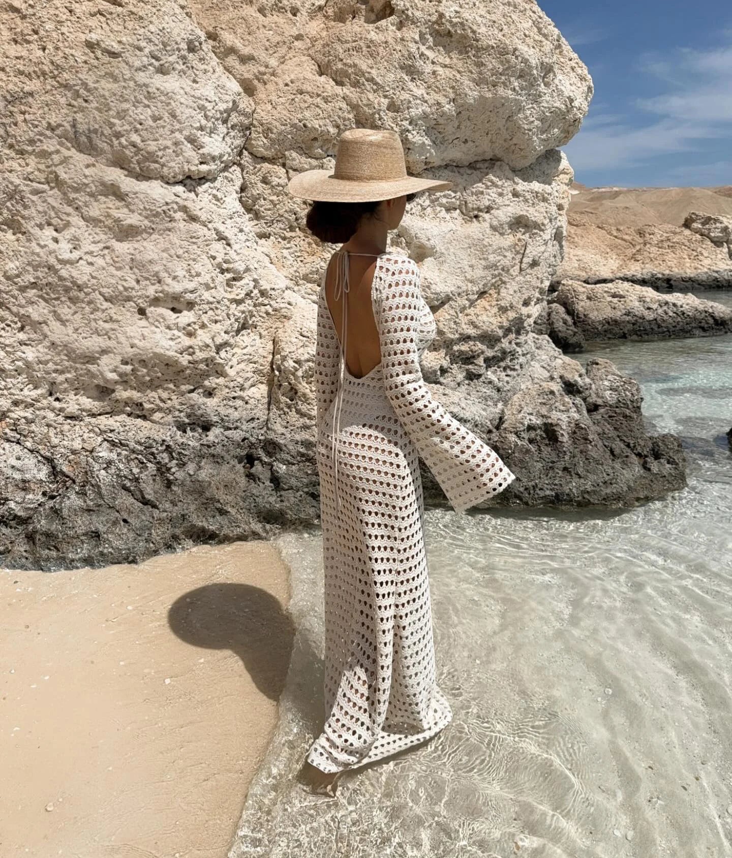 Sexy Knit Mesh Backless Long Bell Sleeve Beach Maxi Dress 2025 Women's Summer Slim Outfits Vacation Swimsuit Cover Up Tunic K205 Luxlife Brands
