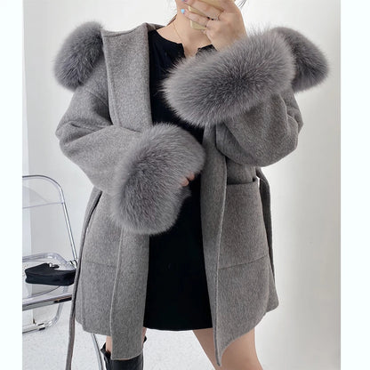 2024 New Oversize Ladies Outerwear Real Fur Coat Winter Jacket Women Natural Fox Fur Collar Cuffs Hood Cashmere Wool Woolen