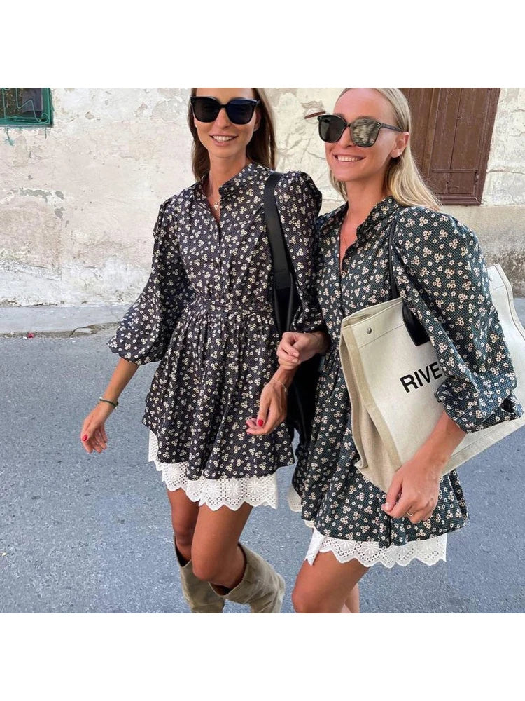 Aynaray 2023 Autumn Winter Women Floral Printed Mini Dress Prairie Chic France Long Sleeve Flare Dress Female