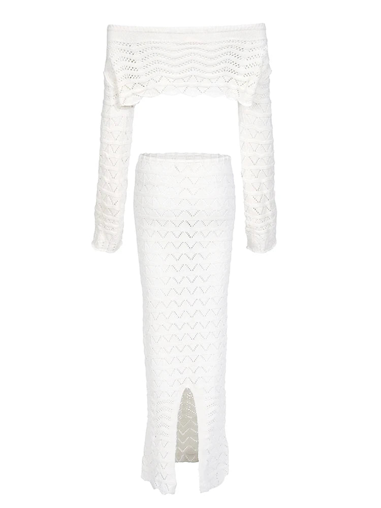 Sexy Knit One-neck Long Sleeve Short Top Drawstring Half Skirt Beach Two-piece 2025 Women Summer Swimsuit Cover Up Chic Set K172 Luxlife Brands