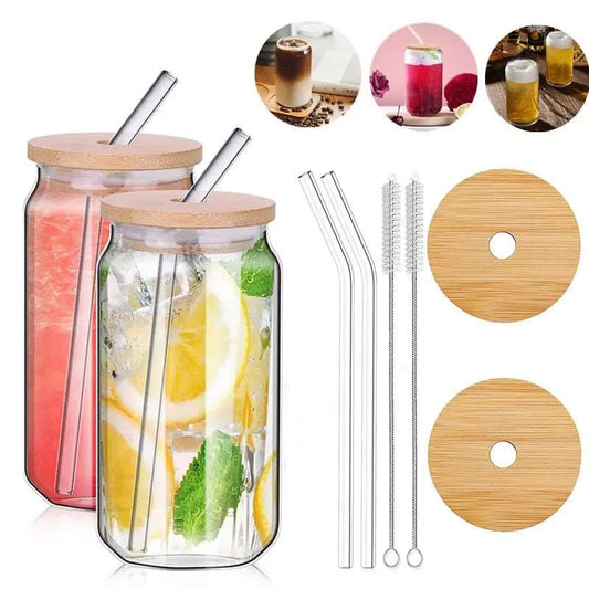 4pcs/Set of Glasses with Straws 470ml Straw Beer Mugs with Wooden Lid Reusable Iced Coffee Juice Cups with Straw Brush