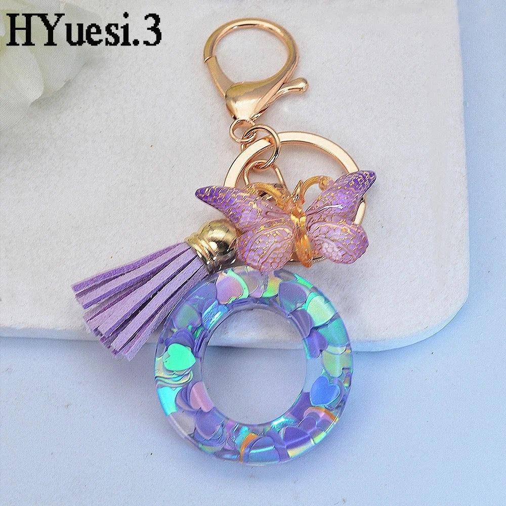 Purple Sequin Filled Name Keychain Butterfly Tassel 26 Alphabet Initials Keyrings Purse Wallet Handbag Ornament Women Girls Gift LUXLIFE BRANDS