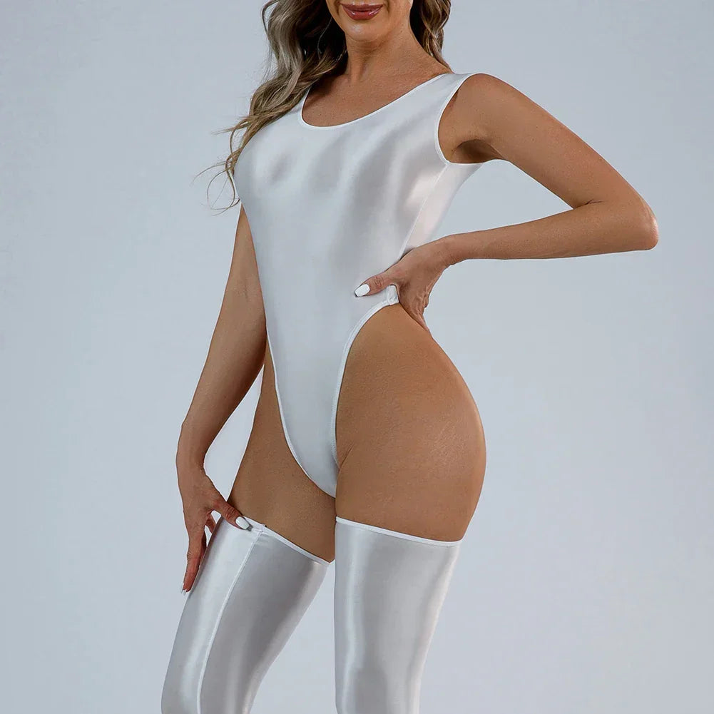 Women Sexy Oil Shiny Bodysuit Strap Solid Swimsuit High Cut Bikini Thong Leotard Thin Smooth Jumpsuit Summer Breath Nightwear
