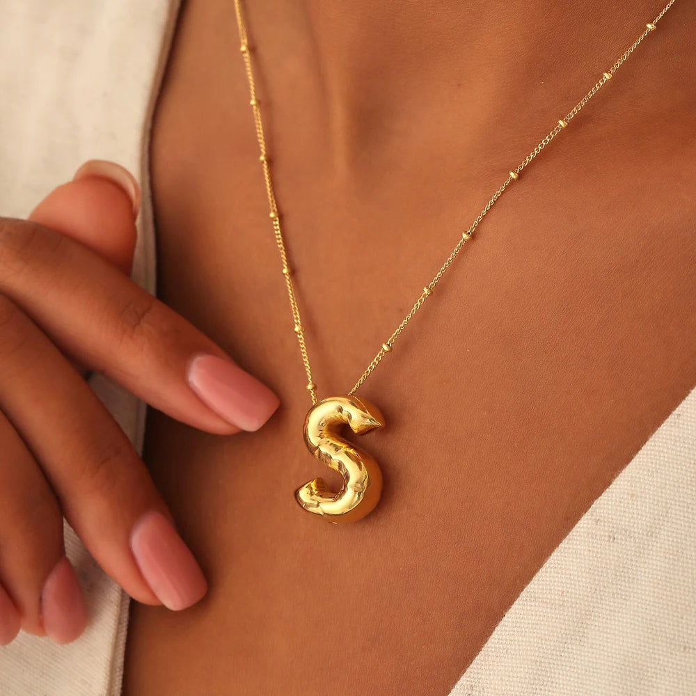 Vintage Stainless Steel Balloon Bubble Chunky Letter Necklace for Women 18K Gold Plated Initial Necklaces Collar Jewelry Gift LUXLIFE BRANDS
