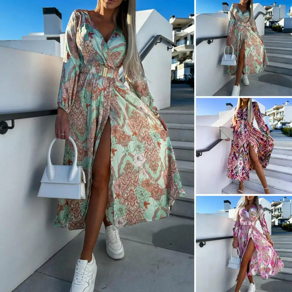 Sexy V Neck Slit Midi Dress Woman Spring Summer Fashion Elegant Long Sleeve Lace Up Flower Floral Print Dresses For Women 2023 - LUXLIFE BRANDS