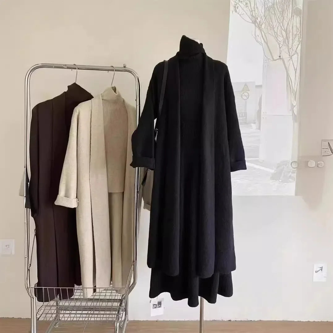 Women’s Long Sweater Vest & Top & High Waist Skirt Set