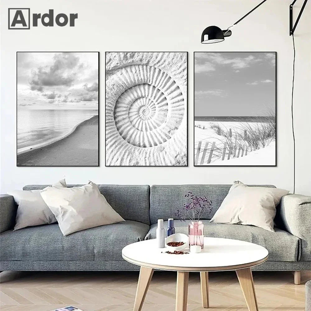 Sea Beach Waves Canvas Poster Black And White Wall Paintings Coconut Tree Art Prints Shell Starfish Print Pictures Bedroom Decor