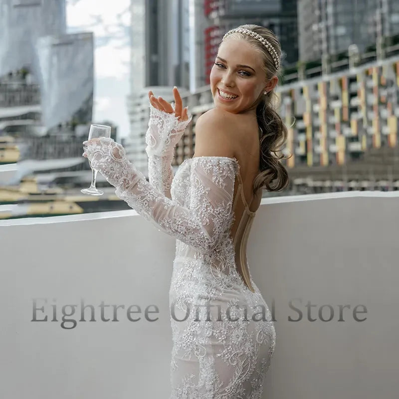 Eightree Elegant Mermaid Wedding Dresses Boho Long Sleeves Lace Bridal Dress White Backless Evening Wedding Gowns Custom Size LUXLIFE BRANDS