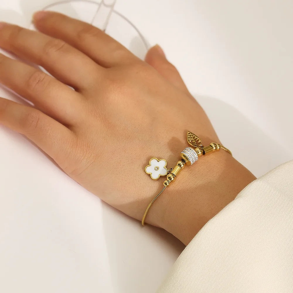 Spring White Flower Titanium Steel Bracelet with Enamel 18K Gold Plated Waterproof Non Allergy Jewelry for Women Girls Friends