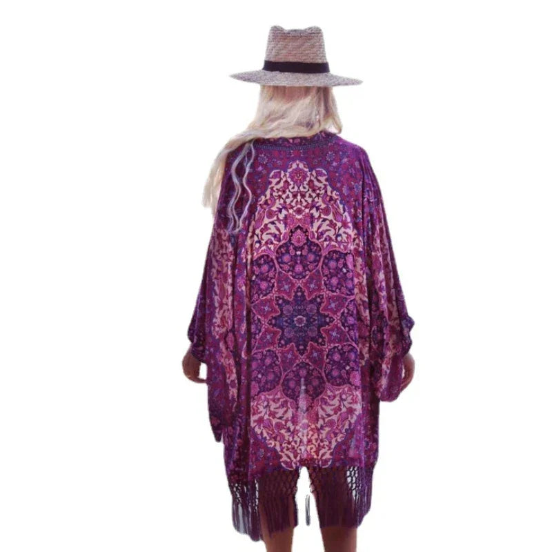 Happie Queens Women Floral Print Long Sleeve Beach Bohemian Maxi Dress Ladies V-neck Loose Chiffon Boho Kimono Cover-ups