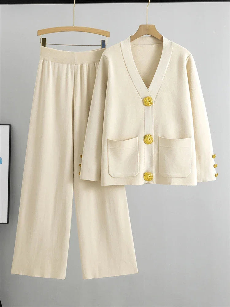 Autumn Winter Women Knit 2 Piece Set New Large Gold Button V-neck Cardigan Coats+High Waist Baggy Wide Leg Pants Sweater Suits Luxlife Brands