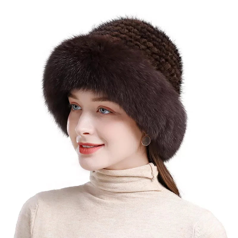 New Genuine Real Natural Knitted Mink Fur Hat Cap Luxury Women Handmade Knit Fashion Winter Headwear Warm Real Fox Fur Beanies LUXLIFE BRANDS