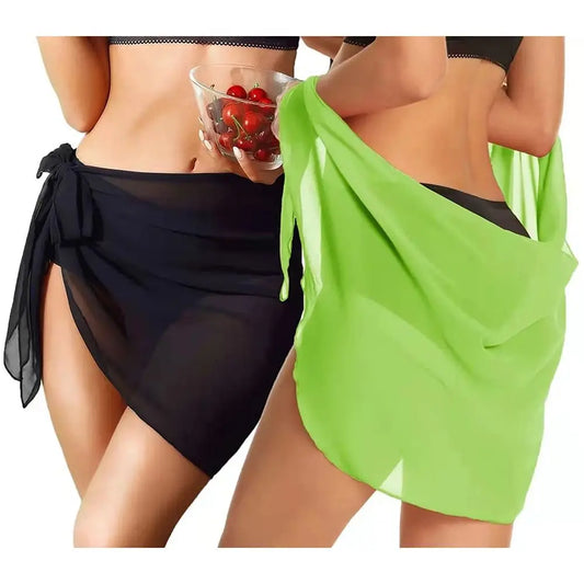 Summer Women Short Solid Sarong Swimsuit Coverups Beach Bikini Wrap Sheer Short Skirt Chiffon Skirt Scarf Swimwear Cover-ups