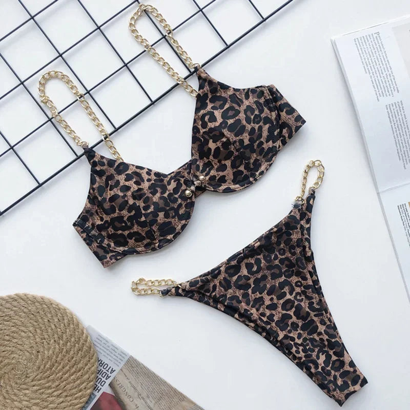 Sexy Metal Chains String High Cut One Piece Swimsuit Women Swimwear Female Monokini Tummy Cut Out Bathing Suit Swim Beach Wear