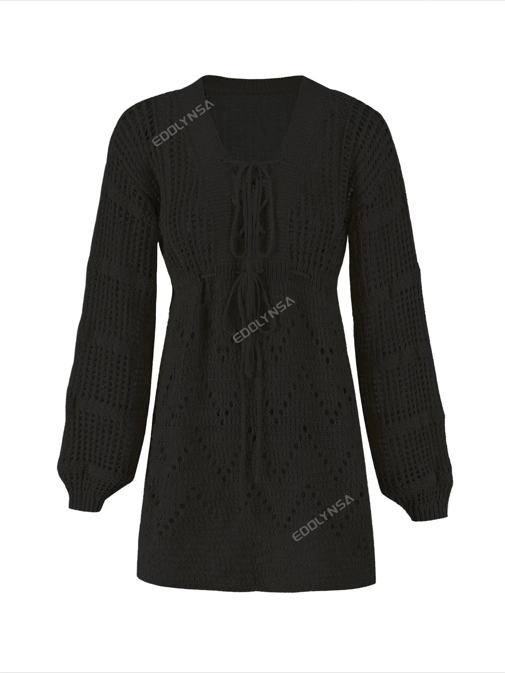 Sexy Deep V-neck Lace-up Bell Sleeve Knit Mesh Hollow Out Beach Mini Dress 2025 Summer Swimsuit Cover Up Women Casual Tunic K14 Luxlife Brands