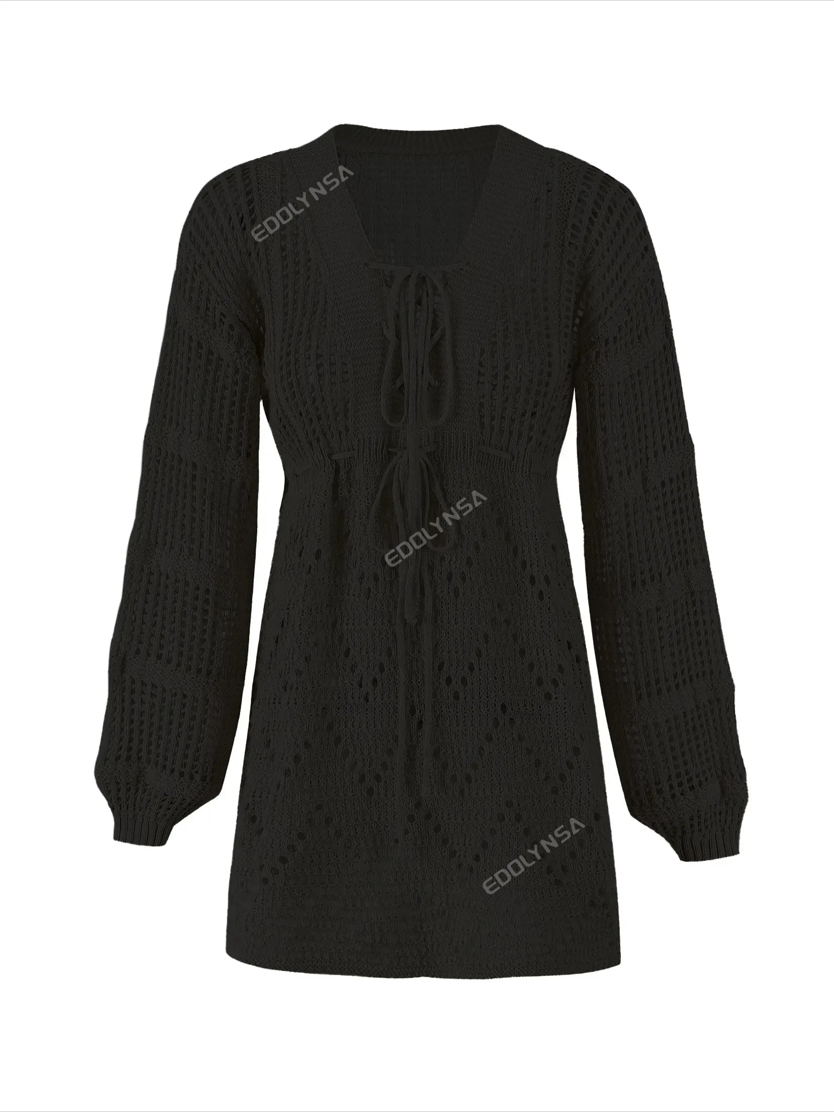 Sexy Deep V-neck Lace-up Bell Sleeve Knit Mesh Hollow Out Beach Mini Dress 2025 Summer Swimsuit Cover Up Women Casual Tunic K14 Luxlife Brands