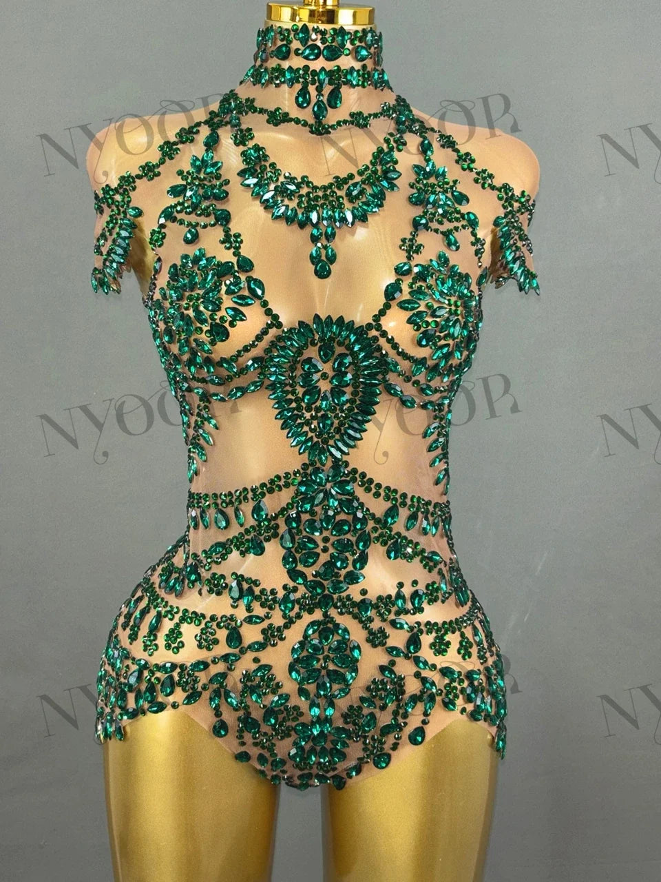 The Stardust Mirage Transparent Bodysuit – Luxury Rhinestone Mesh Stage Wear Leotard