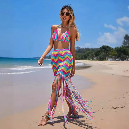 Fashion Multicolor Wave Beach Skirts Two Piece Sets Women Sexy Kintted Tops Tassel Long Skrts Suits Summer Bikini Cover Up Dress