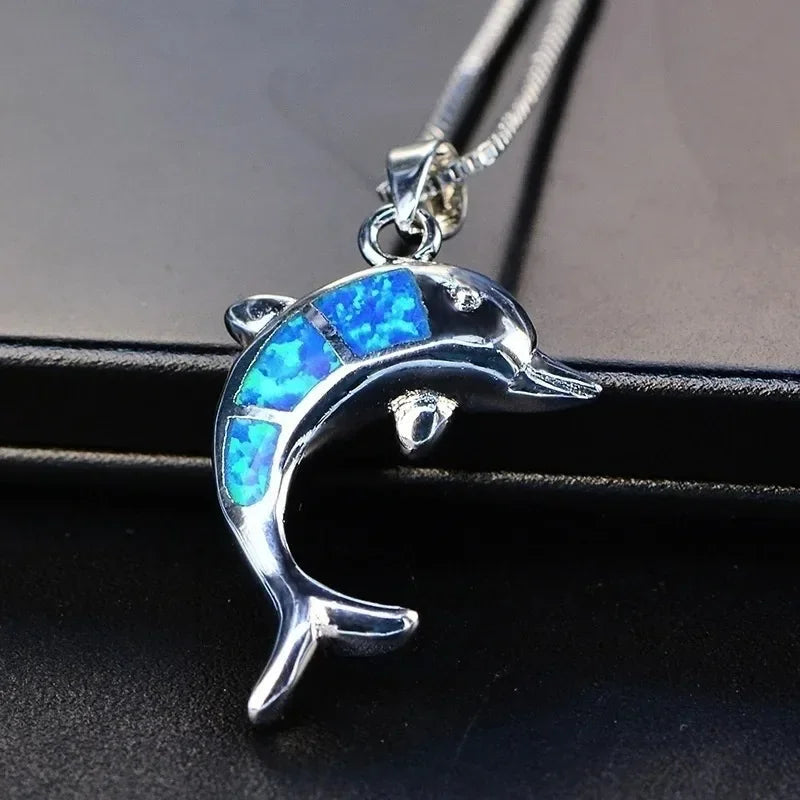 Boho Fashion Sea Animal Dolphin Pendant Necklace for Women Girl Inlay Imitation Blue Opal Necklace Wedding Party Jewelry Luxlife Brands