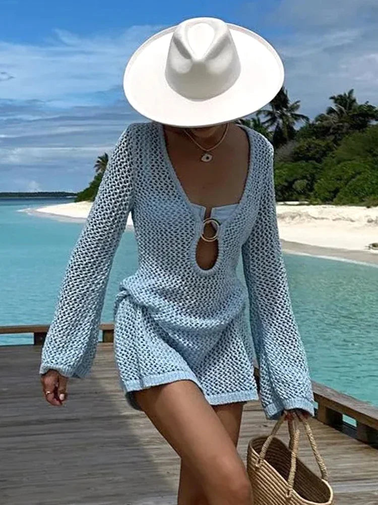 2025 Sexy See-through Solid Knit V-neck Hollow Out Beach Mini Dress Summer Women Holiday Beachwear Swimsuit Cover Up Tunic A2862 Luxlife Brands