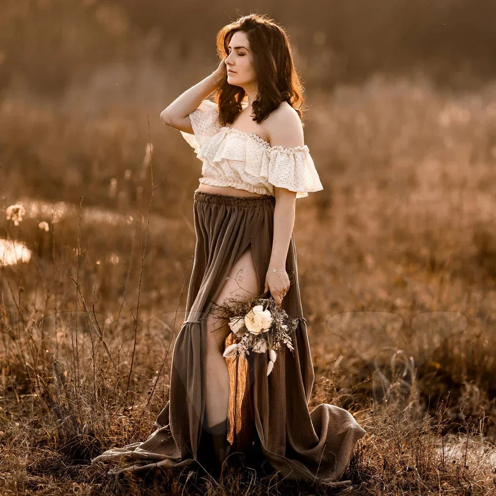 Boho Pregnant Dress Lace&Linen Cotton Combination Two Piece Set Contrast color retro design sense PhotoShoot Pregnancy Dress Luxlife Brands