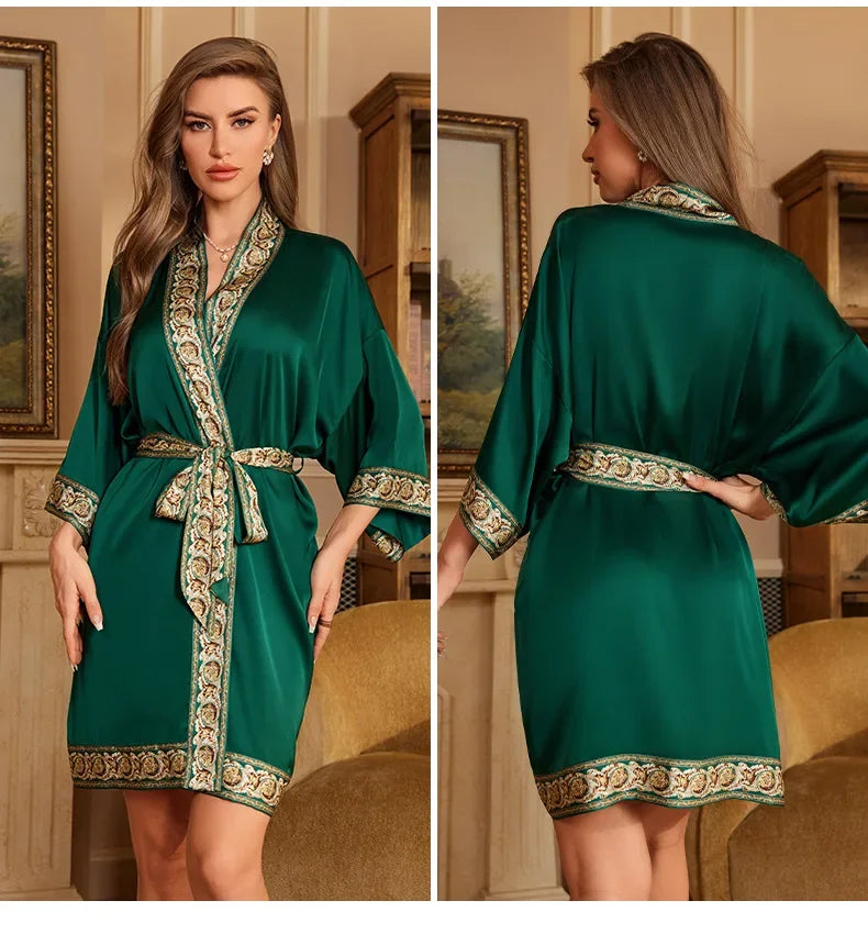 Female Robe Nightgown Summer Satin Sleepwear Loungewear Silky Printing Kimono Bathrobe Gown Yukata Sexy Casual Nightwear