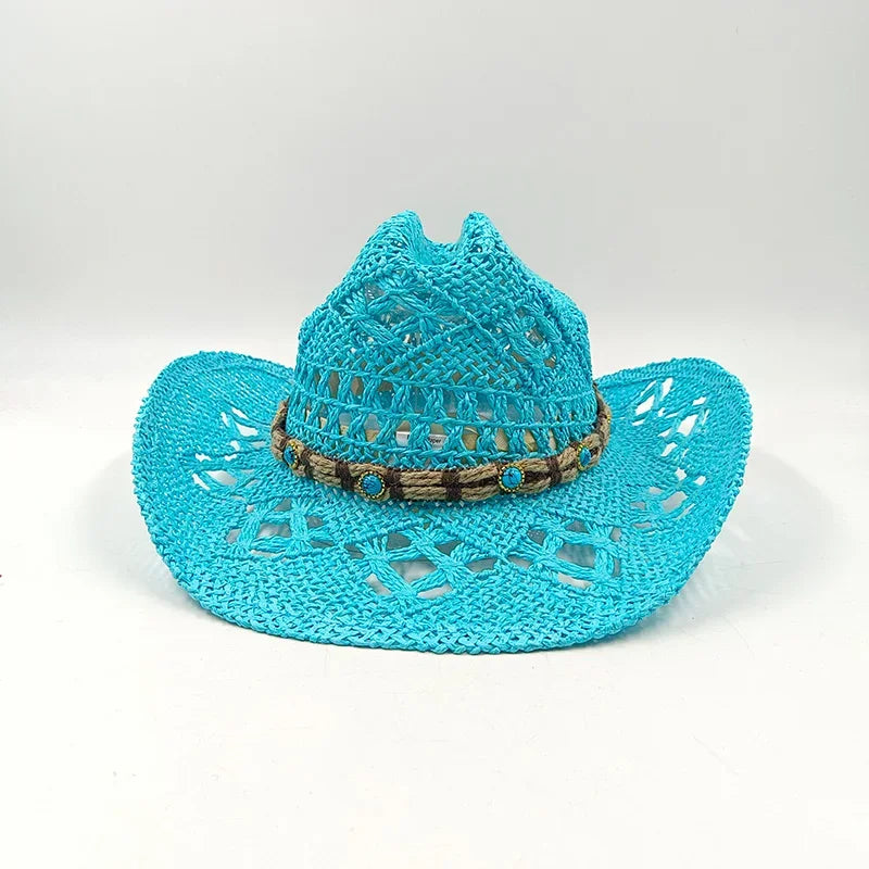 Hand-woven hollow denim straw hat men's and women's summer sunscreen hat western cowboy straw hat sombrero mujer sombrero hombre