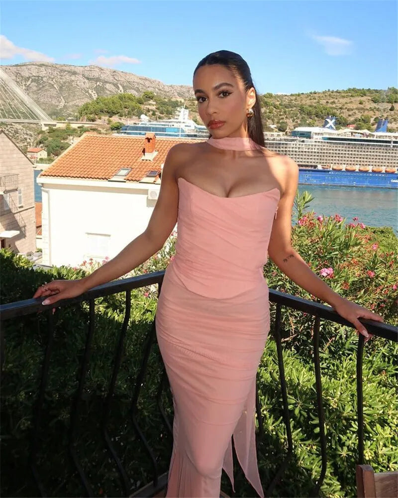 Mozision Wine Red Sexy Two Piece Sets Women Neckerchief Strapless Crop Tops And Maxi Skirt Sets Club Party Skirt Two Piece Sets Luxlife Brands