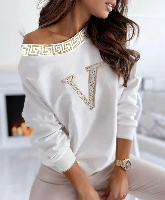 Autumn Women Sexy Print Oblique Collar Fashion T-shirts Rhinestone Letter Long Sleeve Casual Top LUXLIFE BRANDS