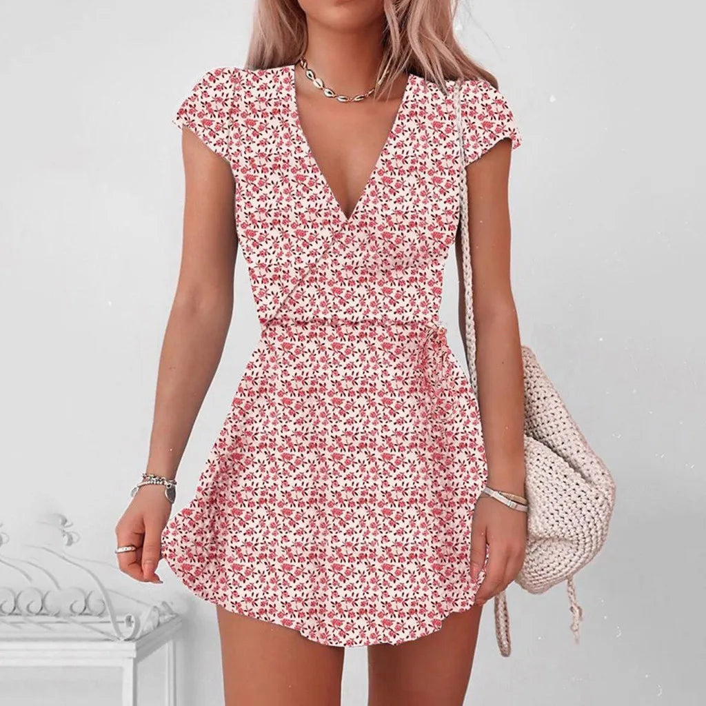 Summer European And American Women's Clothing Floral Skirt Print Floral Half V-Neck Mini Sleeve Dress Women's Dress - LUXLIFE BRANDS