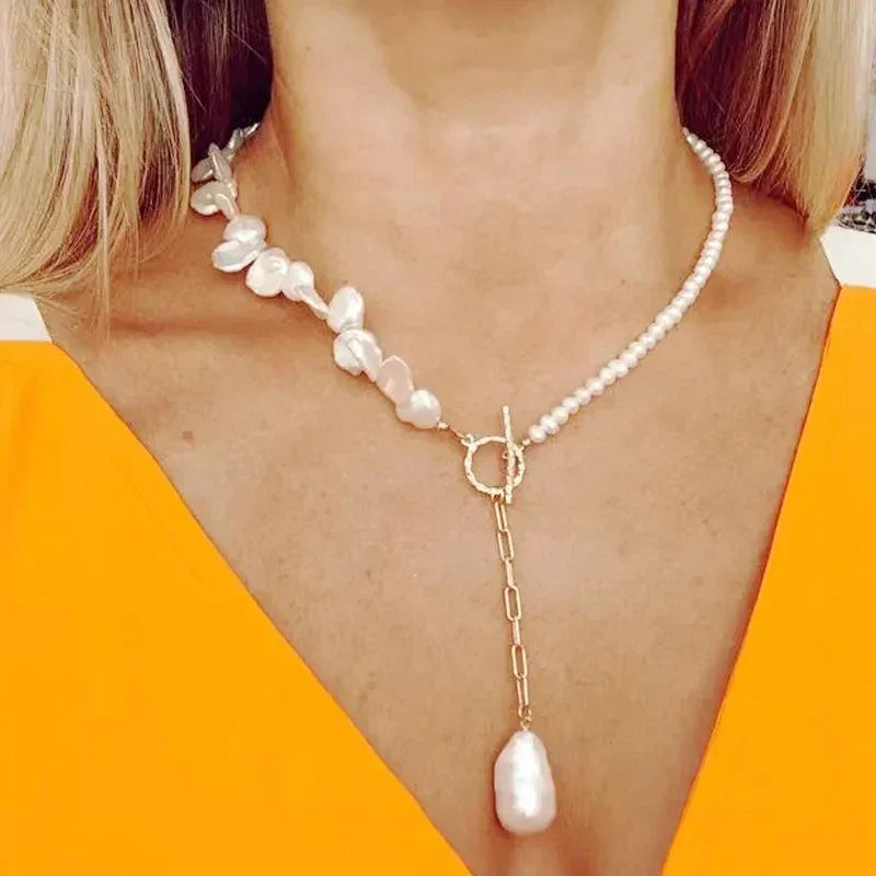 Boho Fashion Gold-Color Shell Necklace Natural Pearl Handmade Beautiful Necklace Women Baroque Jewelry Charm Statement Best Gift