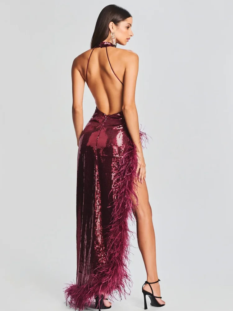 Luxury Feather Sequin Maxi Dress LUXLIFE BRANDS