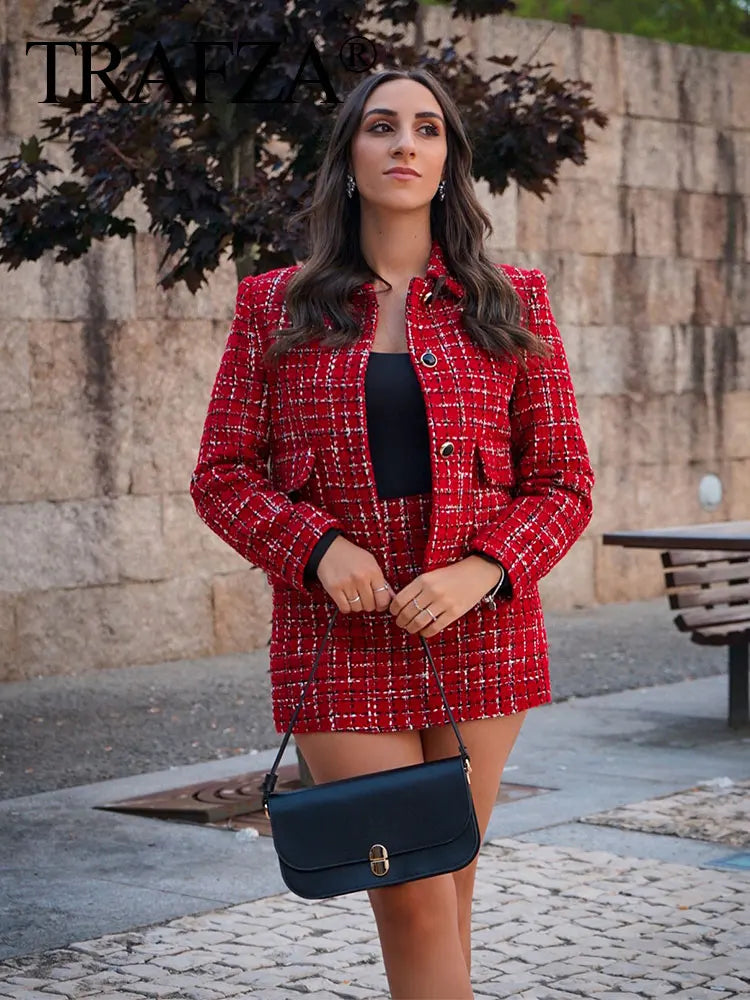 HH Women Fashion Red Texture Skirt Sets Single Breasted Lapel Jacket Coat Side Zipper Shorts Skirts High Street Lady Outfit