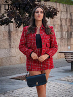 HH Women Fashion Red Texture Skirt Sets Single Breasted Lapel Jacket Coat Side Zipper Shorts Skirts High Street Lady Outfit Luxlife Brands